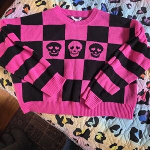 No Boundaries Pink and Black Checkered Skull Sweater
